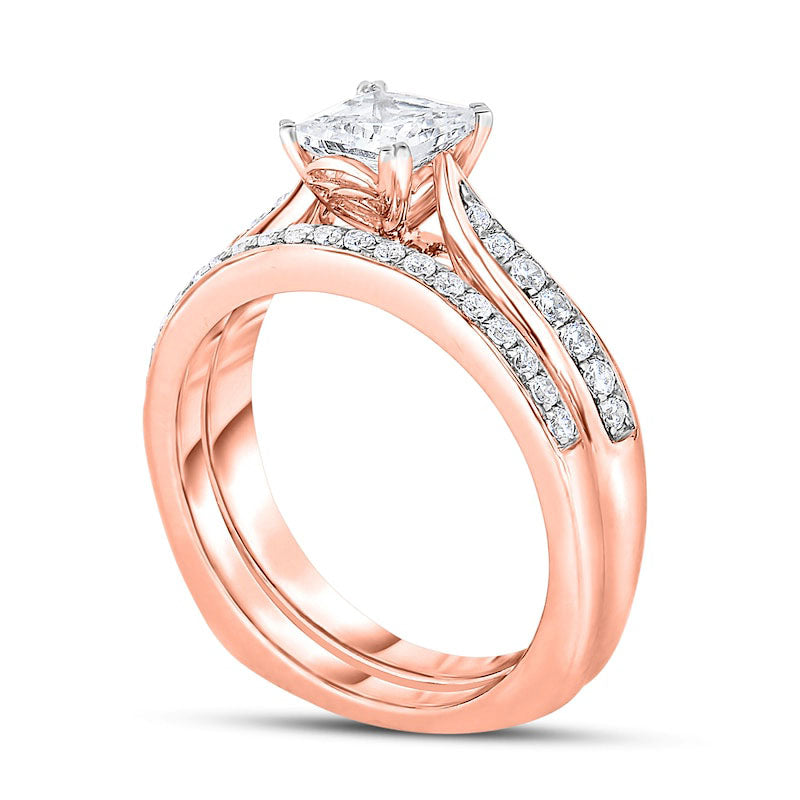 1.33 CT. T.W. Princess-Cut Natural Diamond Bridal Engagement Ring Set in Solid 14K Rose Gold