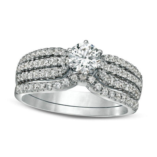 1.0 CT. T.W. Natural Diamond Multi-Row Bridal Engagement Ring Set in Solid 14K White Gold