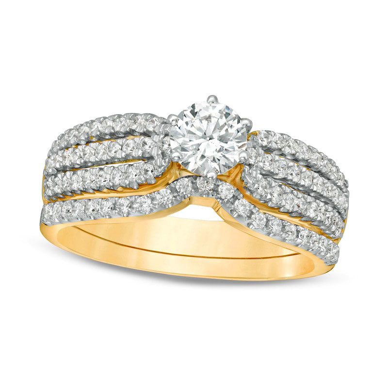 1.0 CT. T.W. Natural Diamond Multi-Row Bridal Engagement Ring Set in Solid 14K Gold