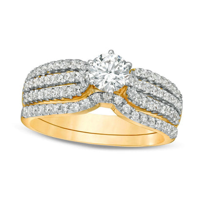 1.0 CT. T.W. Natural Diamond Multi-Row Bridal Engagement Ring Set in Solid 14K Gold