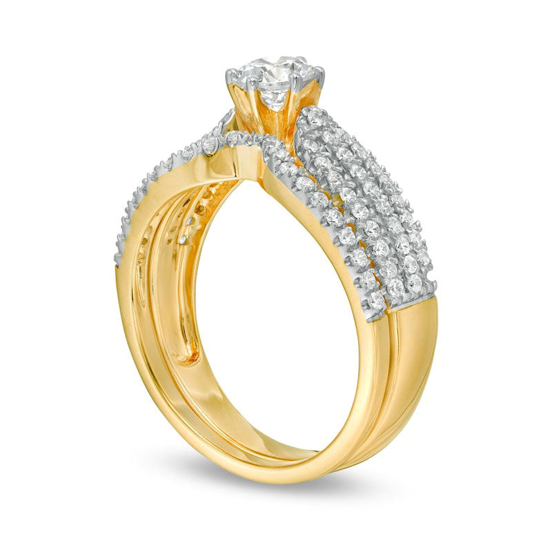 1.0 CT. T.W. Natural Diamond Multi-Row Bridal Engagement Ring Set in Solid 14K Gold