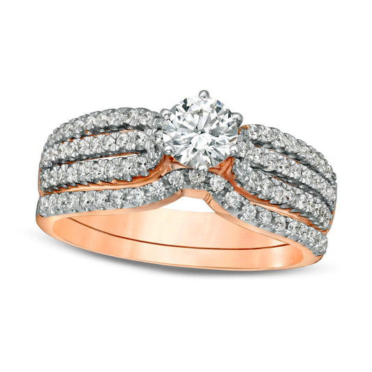 1.0 CT. T.W. Natural Diamond Multi-Row Bridal Engagement Ring Set in Solid 14K Rose Gold