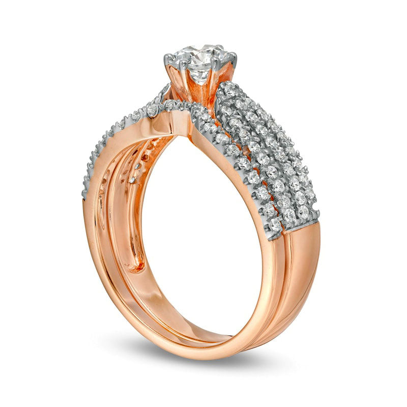 1.0 CT. T.W. Natural Diamond Multi-Row Bridal Engagement Ring Set in Solid 14K Rose Gold