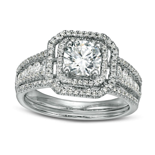 1.38 CT. T.W. Natural Diamond Double Octagonal Frame Multi-Row Bridal Engagement Ring Set in Solid 14K White Gold