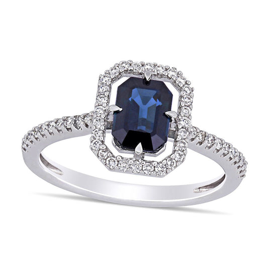 Emerald-Cut Blue Sapphire and 0.25 CT. T.W. Natural Diamond Open Frame Ring in Solid 14K White Gold