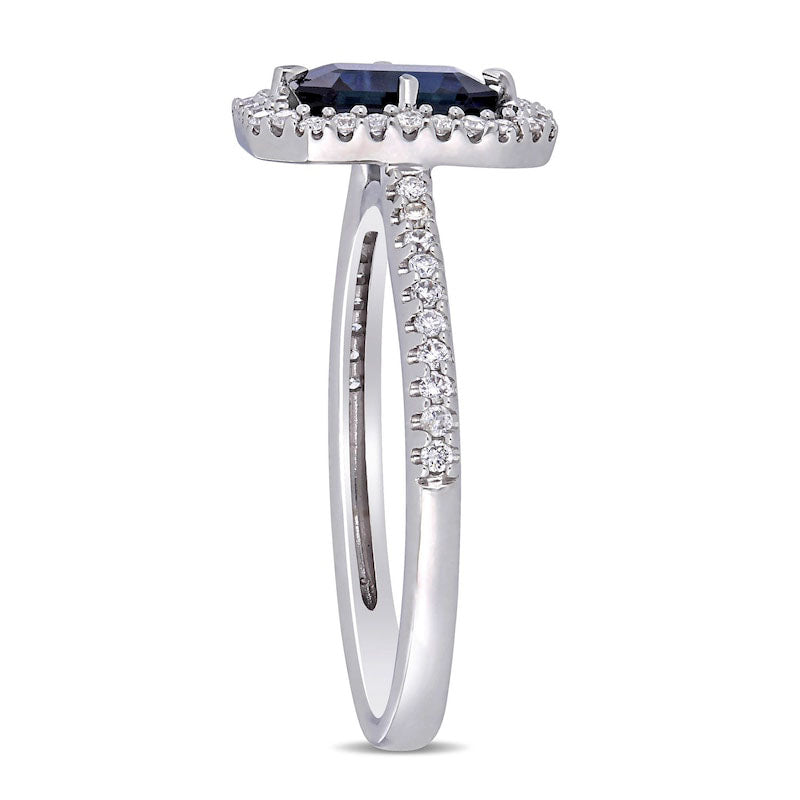 Emerald-Cut Blue Sapphire and 0.25 CT. T.W. Natural Diamond Open Frame Ring in Solid 14K White Gold