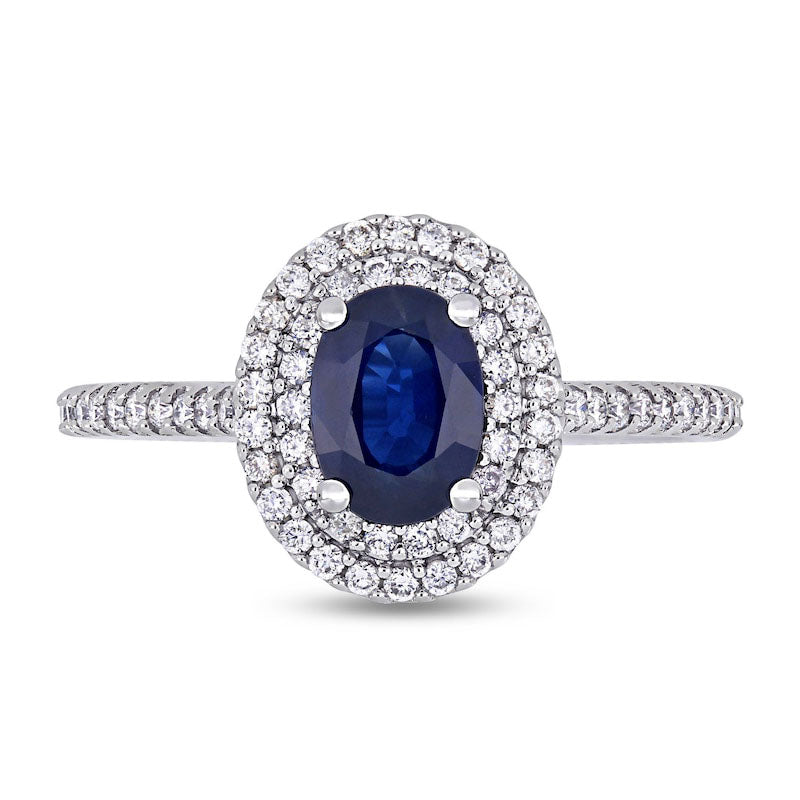 Oval Blue Sapphire and 0.33 CT. T.W. Natural Diamond Double Frame Ring in Solid 14K White Gold