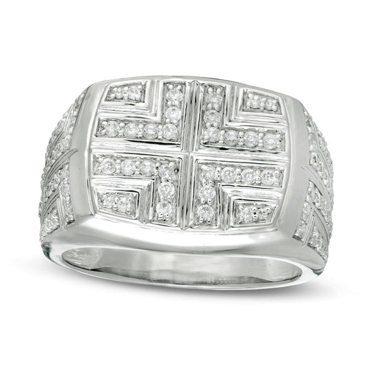 Men's 0.88 CT. T.W. Natural Diamond Bold Cross Signet Ring in Solid 10K White Gold