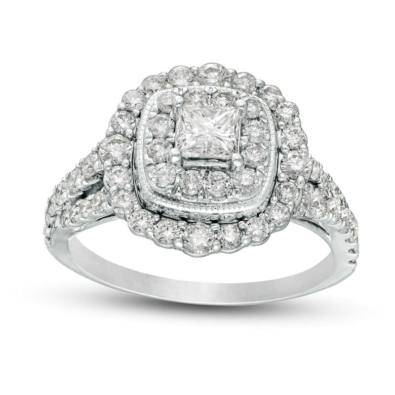 1.5 CT. T.W. Princess-Cut Natural Diamond Scallop Frame Antique Vintage-Style Engagement Ring in Solid 14K White Gold