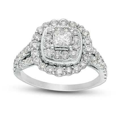 1.5 CT. T.W. Princess-Cut Natural Diamond Scallop Frame Antique Vintage-Style Engagement Ring in Solid 14K White Gold