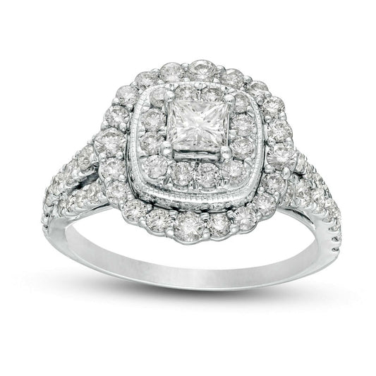 1.5 CT. T.W. Princess-Cut Natural Diamond Scallop Frame Antique Vintage-Style Engagement Ring in Solid 14K White Gold