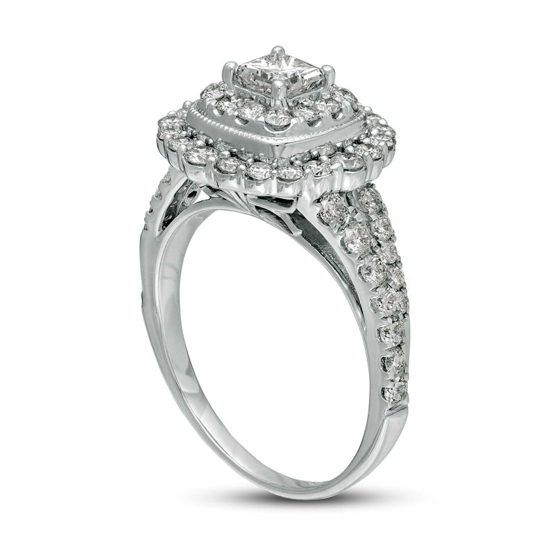 1.5 CT. T.W. Princess-Cut Natural Diamond Scallop Frame Antique Vintage-Style Engagement Ring in Solid 14K White Gold