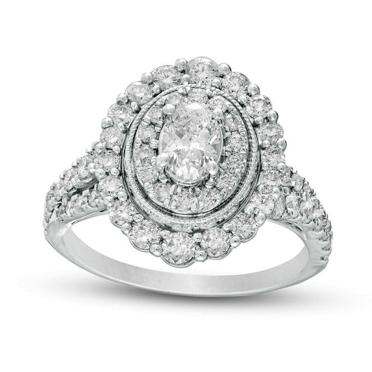 1.5 CT. T.W. Oval Natural Diamond Double Frame Antique Vintage-Style Engagement Ring in Solid 14K White Gold