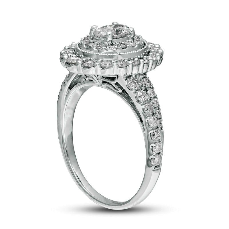 1.5 CT. T.W. Oval Natural Diamond Double Frame Antique Vintage-Style Engagement Ring in Solid 14K White Gold