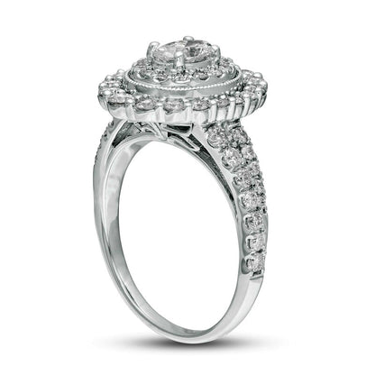 1.5 CT. T.W. Oval Natural Diamond Double Frame Antique Vintage-Style Engagement Ring in Solid 14K White Gold