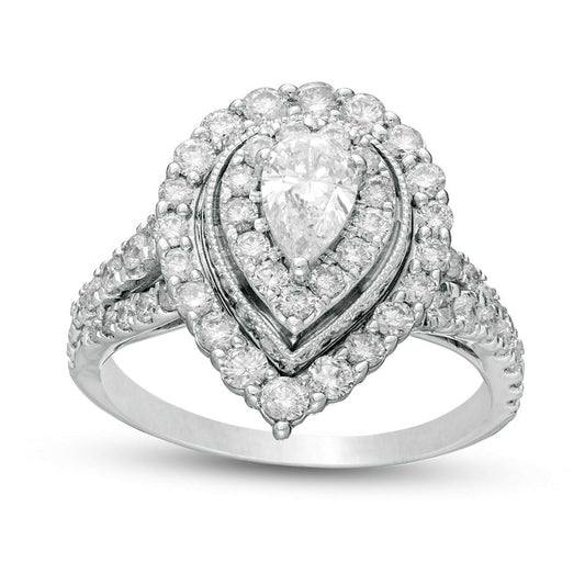 1.5 CT. T.W. Pear-Shaped Natural Diamond Double Frame Antique Vintage-Style Engagement Ring in Solid 14K White Gold