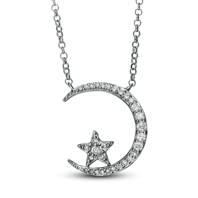 0.2 CT. T.W. Natural Diamond Crescent Moon and Star Necklace in Sterling Silver