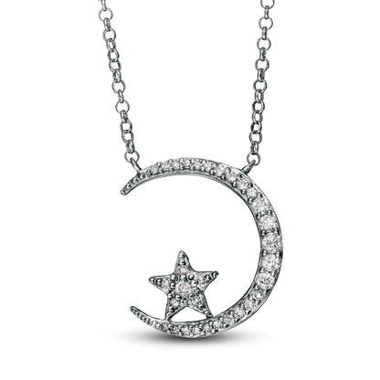 0.2 CT. T.W. Natural Diamond Crescent Moon and Star Necklace in Sterling Silver