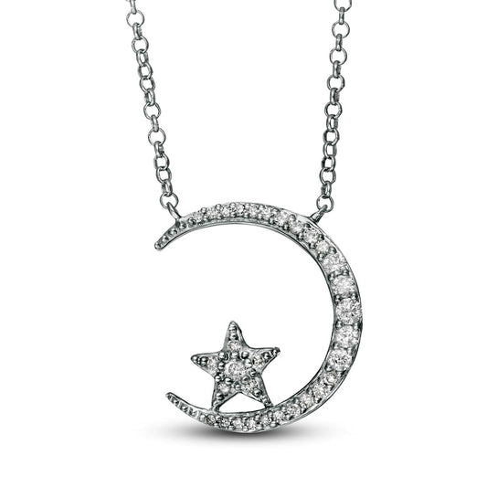 0.2 CT. T.W. Natural Diamond Crescent Moon and Star Necklace in Sterling Silver
