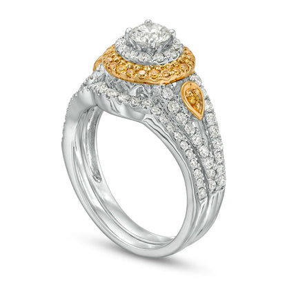 1.17 CT. T.W. Yellow and White Natural Diamond Double Frame Bridal Engagement Ring Set in Solid 14K Two-Tone Gold