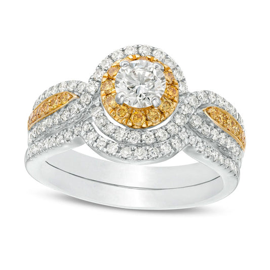 1.13 CT. T.W. Yellow and White Natural Diamond Frame Twist Shank Bridal Engagement Ring Set in Solid 14K Two-Tone Gold