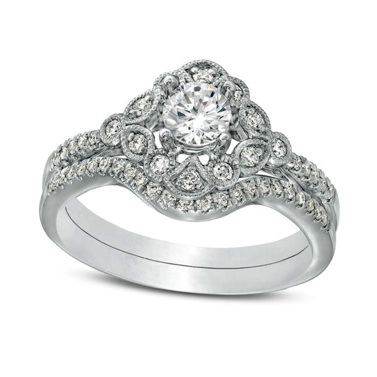 0.63 CT. T.W. Natural Diamond Frame Art-Deco Antique Vintage-Style Bridal Engagement Ring Set in Solid 14K White Gold