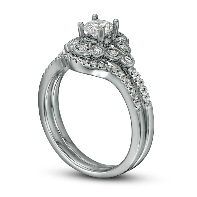 0.63 CT. T.W. Natural Diamond Frame Art-Deco Antique Vintage-Style Bridal Engagement Ring Set in Solid 14K White Gold