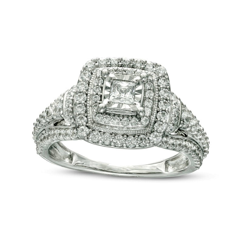 1.0 CT. T.W. Princess-Cut Natural Diamond Double Frame Antique Vintage-Style Engagement Ring in Solid 14K White Gold
