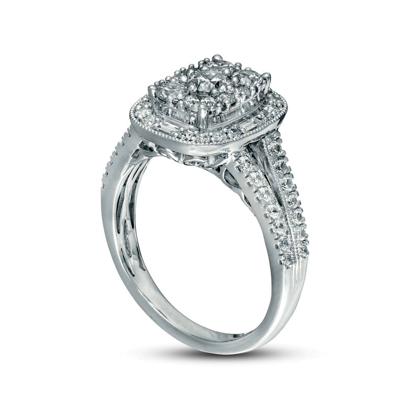 1.25 CT. T.W. Natural Diamond Cushion Frame Split Shank Antique Vintage-Style Engagement Ring in Solid 14K White Gold