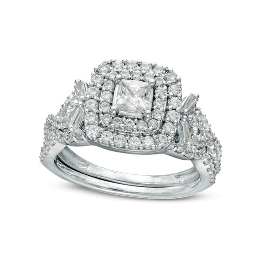 1.33 CT. T.W. Princess-Cut Natural Diamond Double Frame Twist Shank Bridal Engagement Ring Set in Solid 14K White Gold