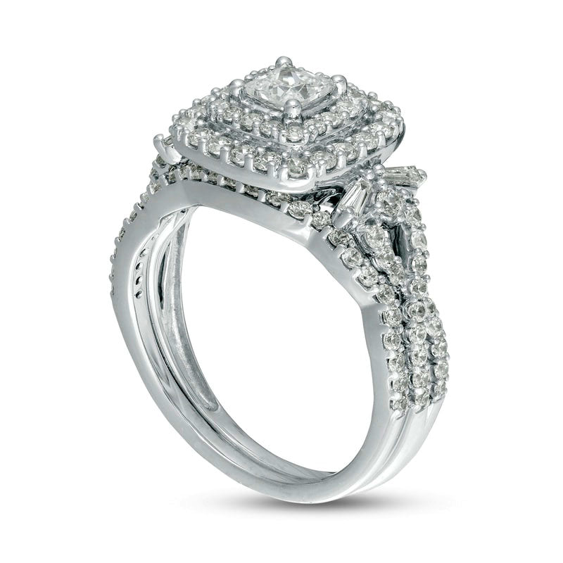1.33 CT. T.W. Princess-Cut Natural Diamond Double Frame Twist Shank Bridal Engagement Ring Set in Solid 14K White Gold