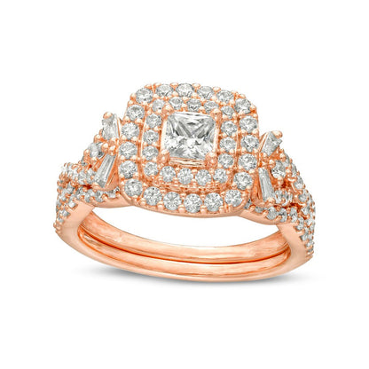 1.33 CT. T.W. Princess-Cut Natural Diamond Double Frame Twist Shank Bridal Engagement Ring Set in Solid 14K Rose Gold