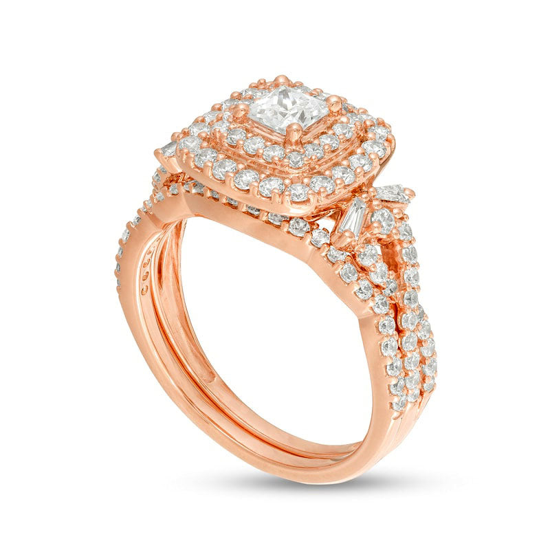 1.33 CT. T.W. Princess-Cut Natural Diamond Double Frame Twist Shank Bridal Engagement Ring Set in Solid 14K Rose Gold