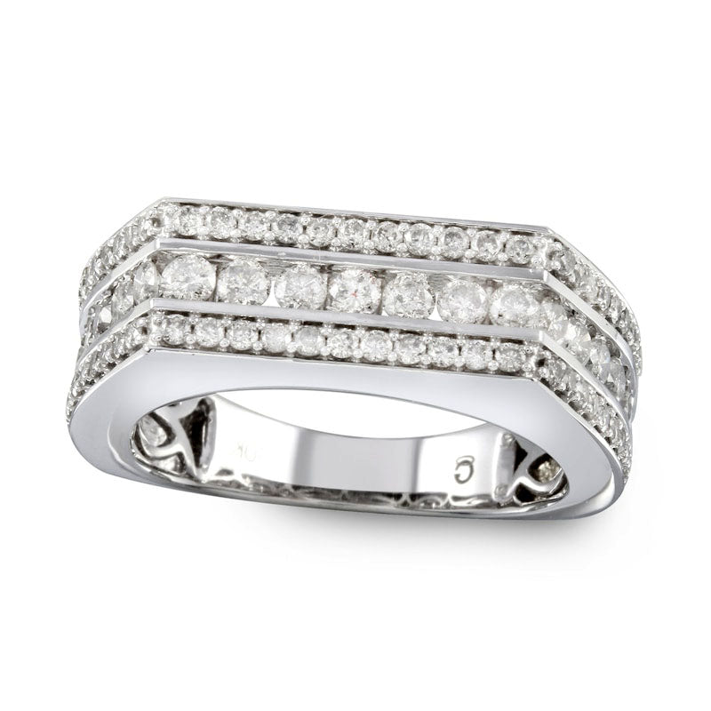 Men's 2.0 CT. T.W. Natural Diamond Three Row Rectangular Ring in Solid 10K White Gold - Size 10