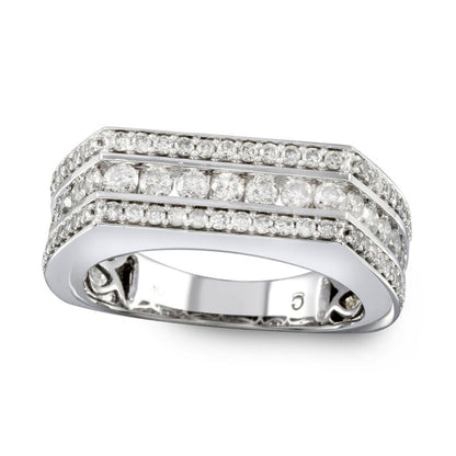 Men's 2.0 CT. T.W. Natural Diamond Three Row Rectangular Ring in Solid 10K White Gold - Size 10