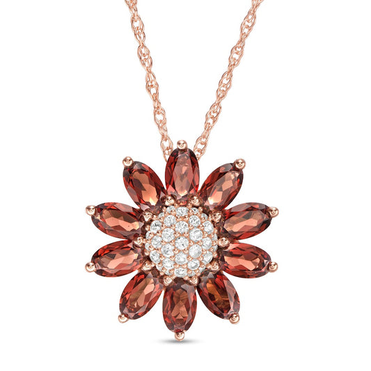 Oval Garnet and Lab-Created White Sapphire Daisy Pendant in Sterling Silver with 14K Rose Gold Plate