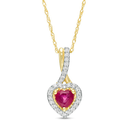 4.0mm Heart-Shaped Ruby and 0.07 CT. T.W. Natural Diamond Frame Drop Pendant in 10K Yellow Gold