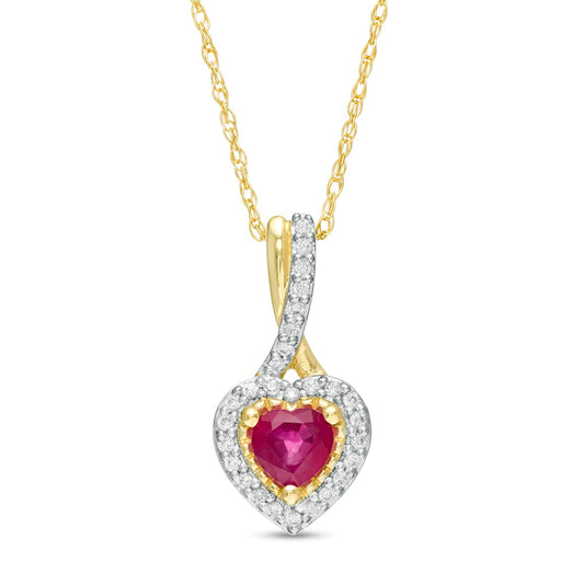 4.0mm Heart-Shaped Ruby and 0.07 CT. T.W. Natural Diamond Frame Drop Pendant in 10K Yellow Gold