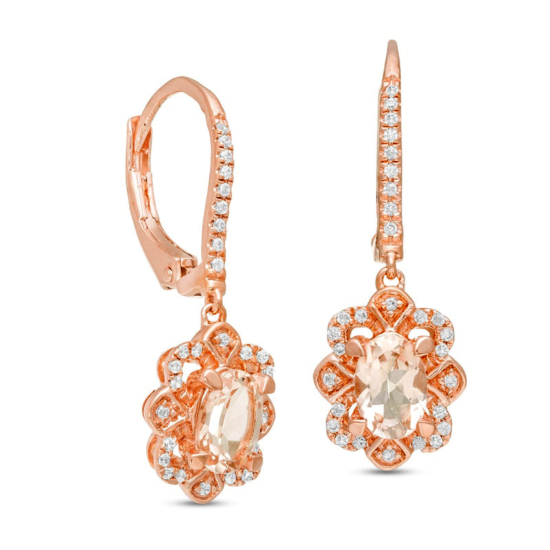 Oval Morganite and 0.17 CT. T.W. Diamond Floral Drop Earrings in 10K Rose Gold