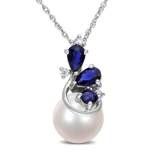 8.5-9.0mm Cultured Freshwater Pearl, Blue Sapphire and Natural Diamond Accent Pendant in 10K White Gold - 17"