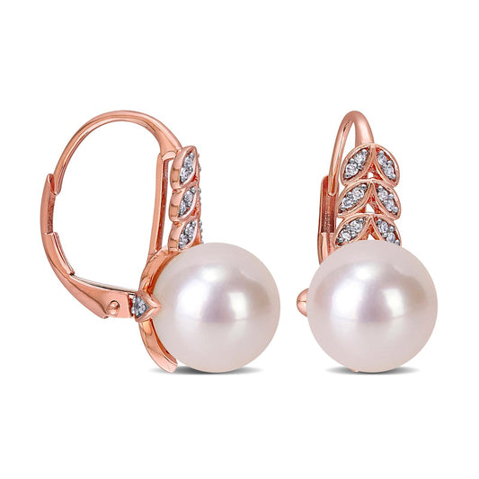 9.0-9.5mm Cultured Freshwater Pearl and 0.17 CT. T.W. Diamond Laurel Drop Earrings in 10K Rose Gold