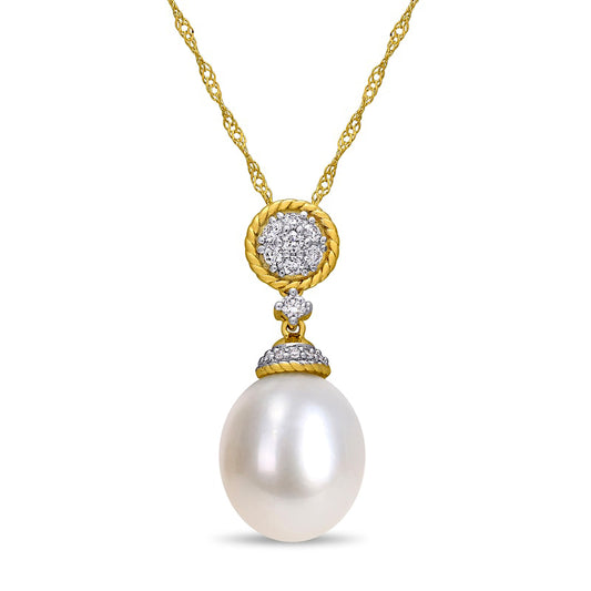 10.0-10.5mm Baroque Cultured Freshwater Pearl and 0.17 CT. T.W. Natural Diamond Rope Drop Pendant in 14K Gold - 17.5"
