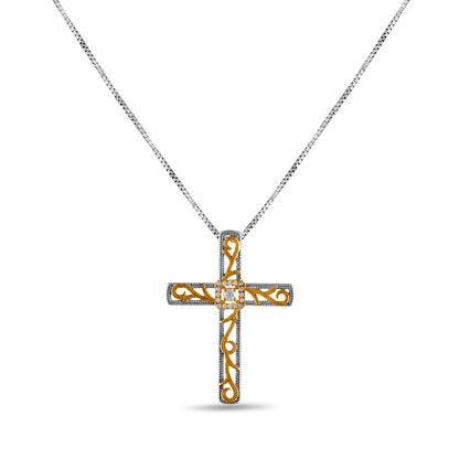 0.1 CT. T.W. Natural Diamond Ornate Cross Pendant in 10K Two-Tone Gold