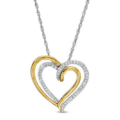 Natural Diamond Accent Double Heart Pendant in Sterling Silver and 10K Yellow Gold
