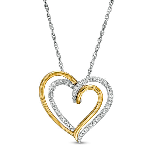 Natural Diamond Accent Double Heart Pendant in Sterling Silver and 10K Yellow Gold