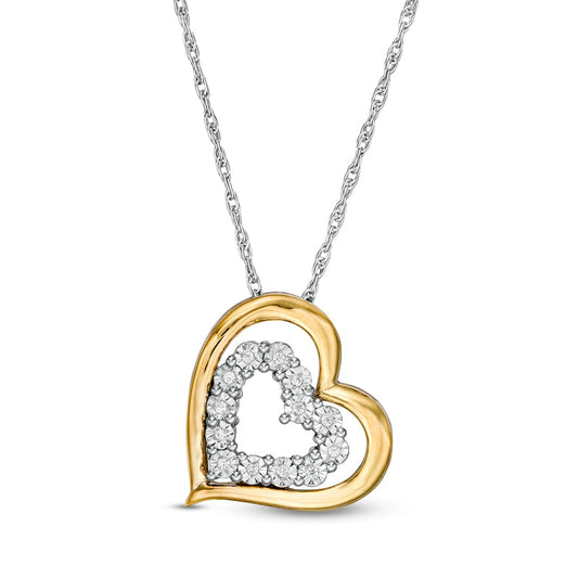 Natural Diamond Accent Tilted Double Heart Pendant in Sterling Silver and 10K Yellow Gold