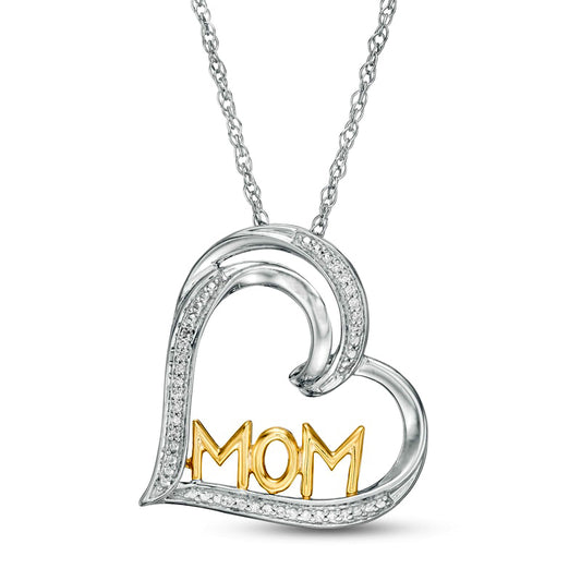 0.05 CT. T.W. Natural Diamond Tilted Heart "MOM" Pendant in Sterling Silver and 10K Yellow Gold
