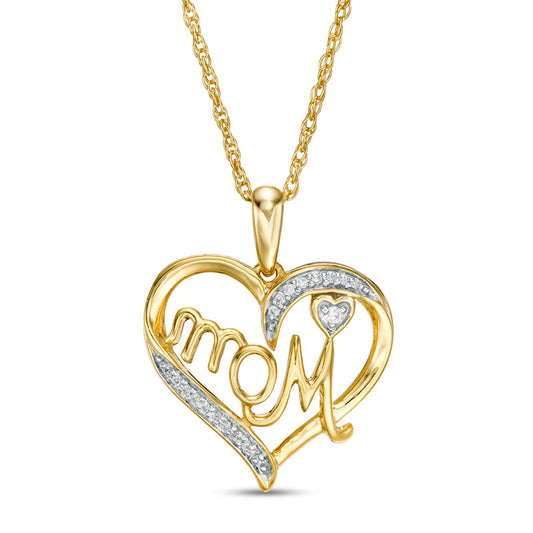 0.05 CT. T.W. Natural Diamond Heart "Mom" Pendant in 10K Yellow Gold