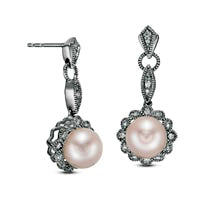 7.0mm Cultured Freshwater Pearl and 0.05 CT. T.W. Diamond Vintage-Style Drop Earrings in Sterling Silver