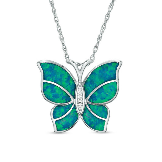 Lab-Created Blue Opal and White Sapphire Butterfly Pendant in Sterling Silver